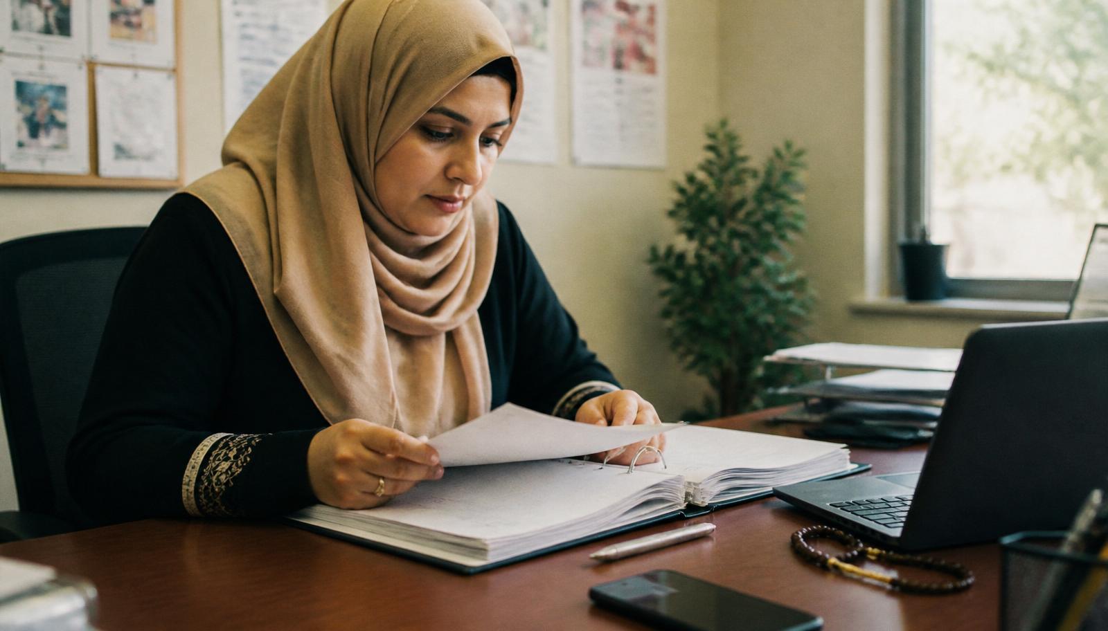 Nonprofit compliance officer reviewing a Zakat accreditation binder