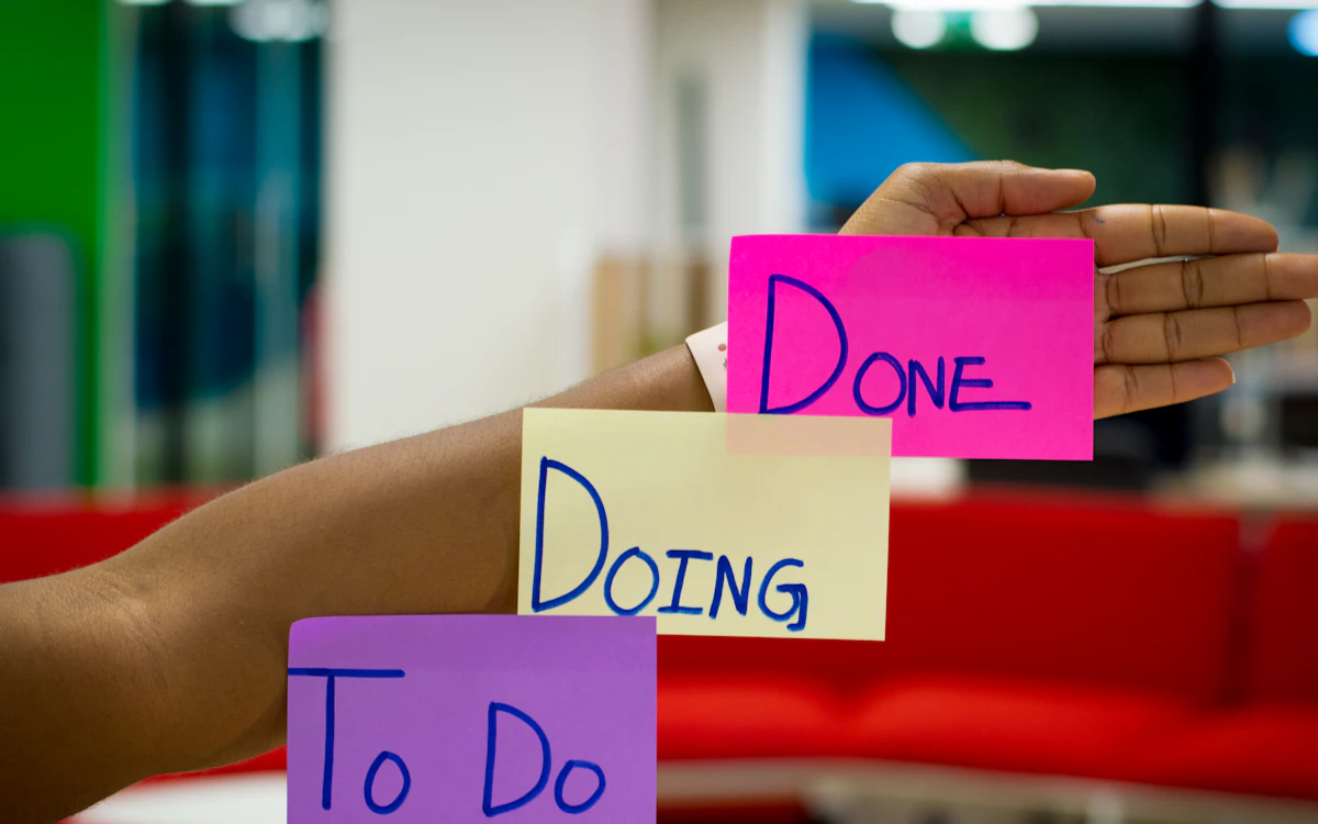 To-do, doing and done kanban board with sticky notes for nonprofit project management